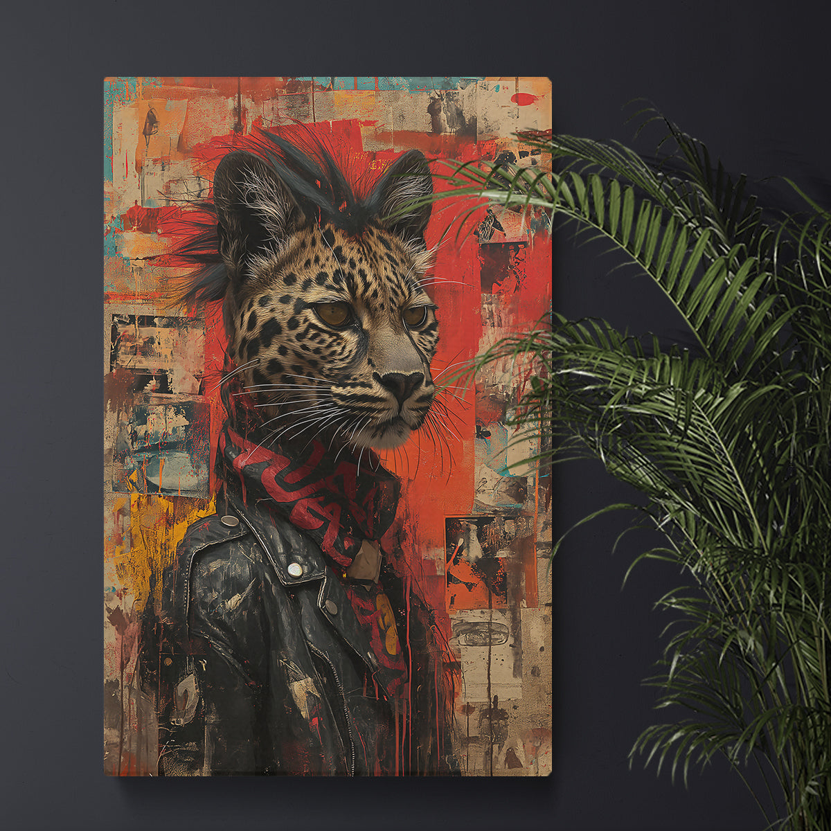 Leopard in Leather Jacket Punk Style Canvas Prints Artesty