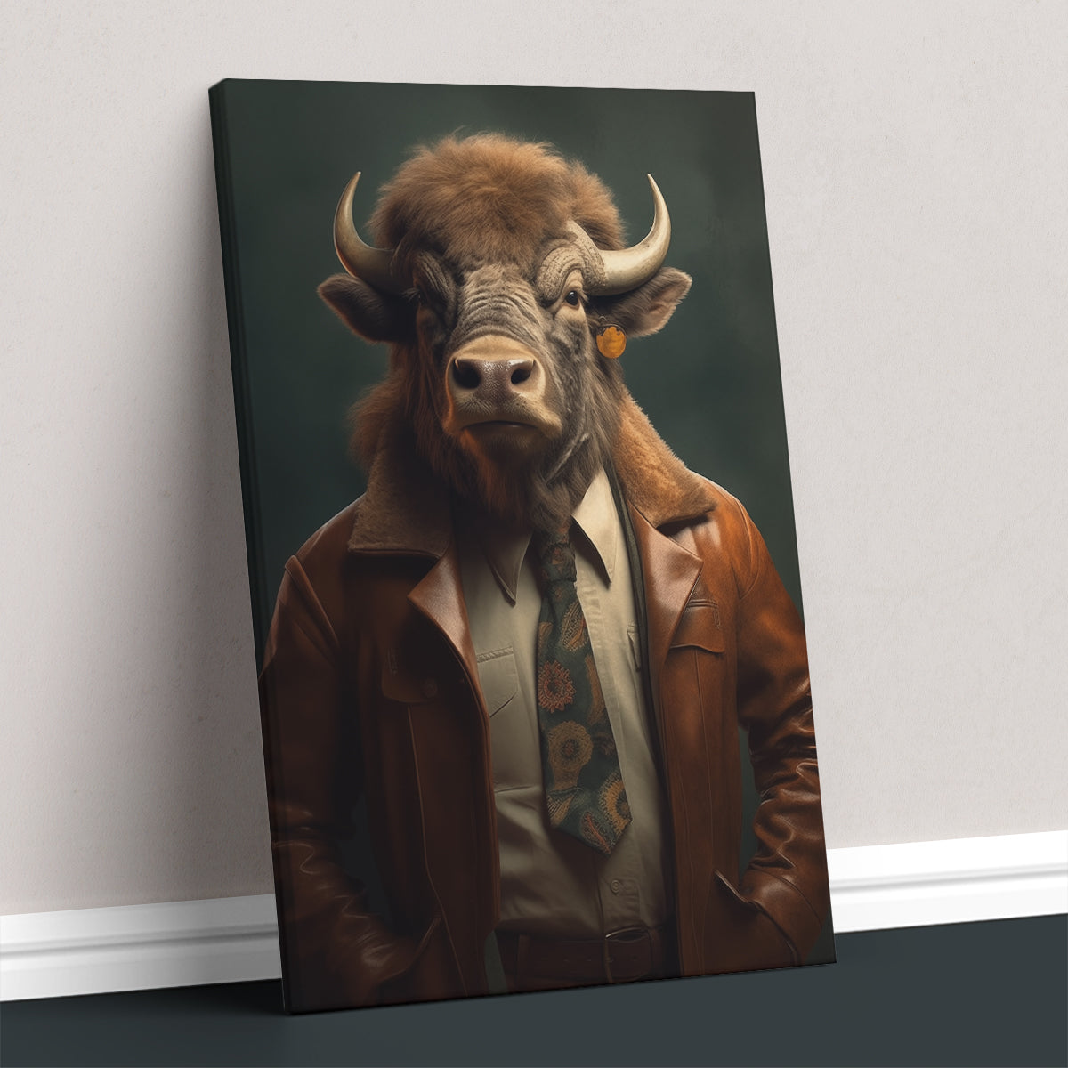 Cool Bull in Brown Leather Jacket Canvas Prints Artesty 1 Panel 16"x24"