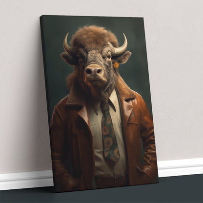 Cool Bull in Brown Leather Jacket Canvas Prints Artesty 1 Panel 16"x24"