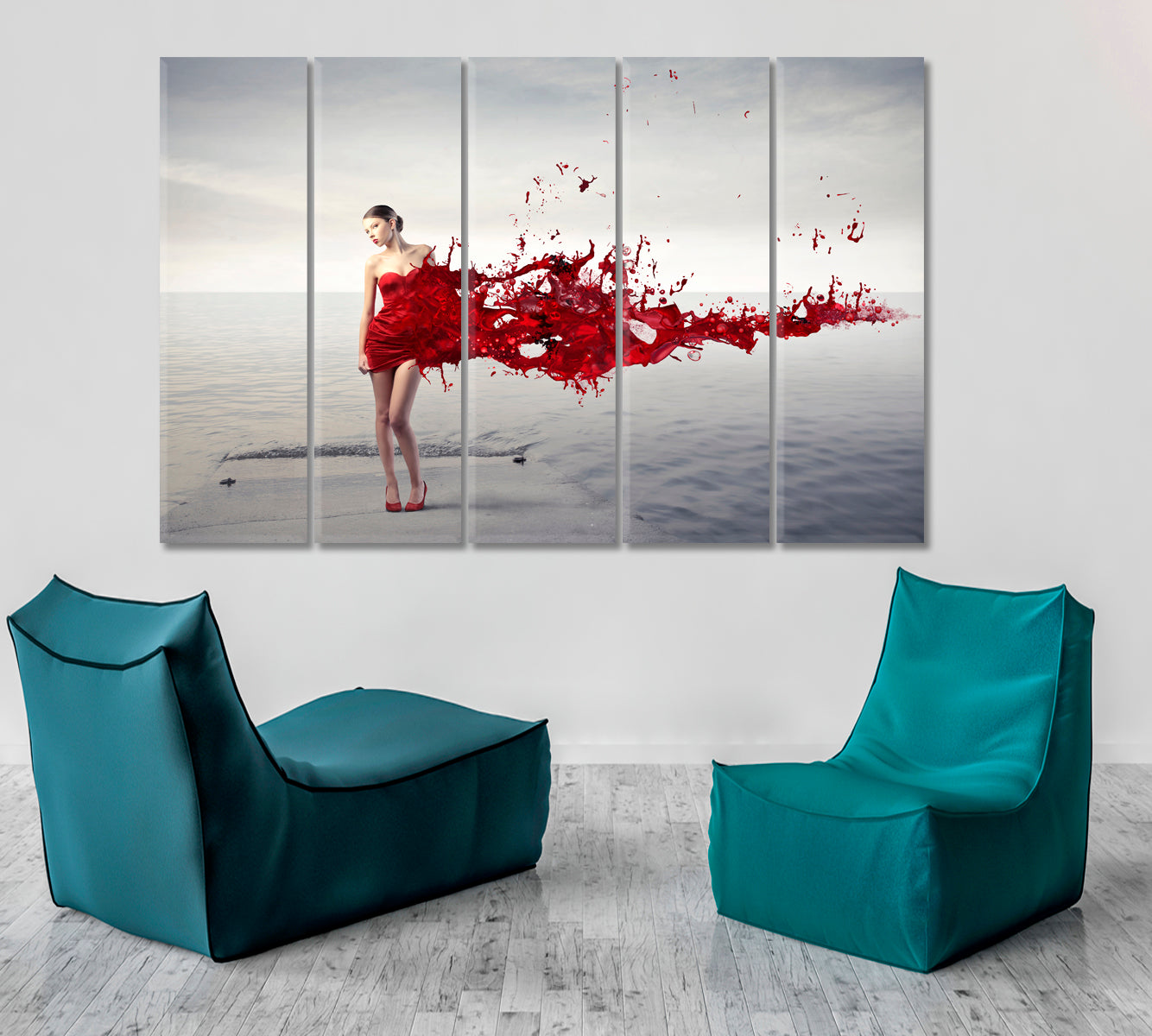 LADY IN RED Beautiful Woman on Pier Vintage Affordable Canvas Print Artesty 5 panels 36" x 24" 