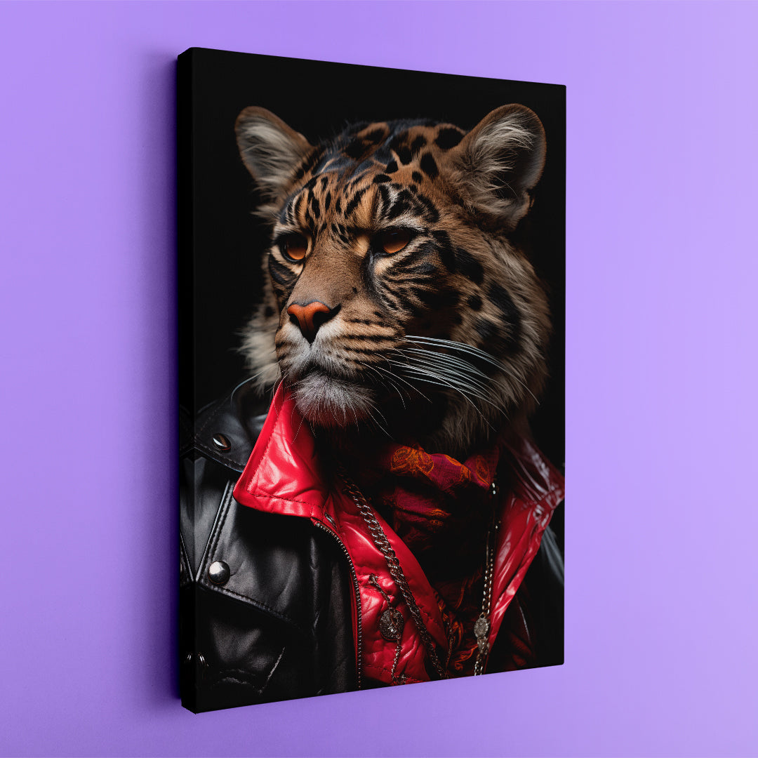 Leopard in Red Scarf and Leather Jacket Canvas Prints Artesty