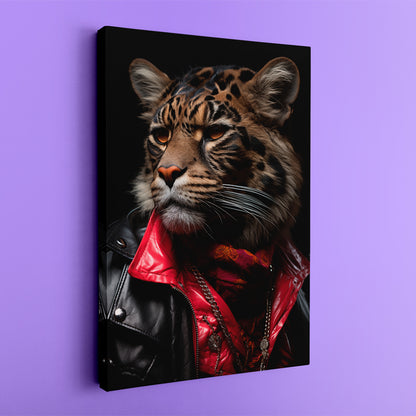 Leopard in Red Scarf and Leather Jacket Canvas Prints Artesty
