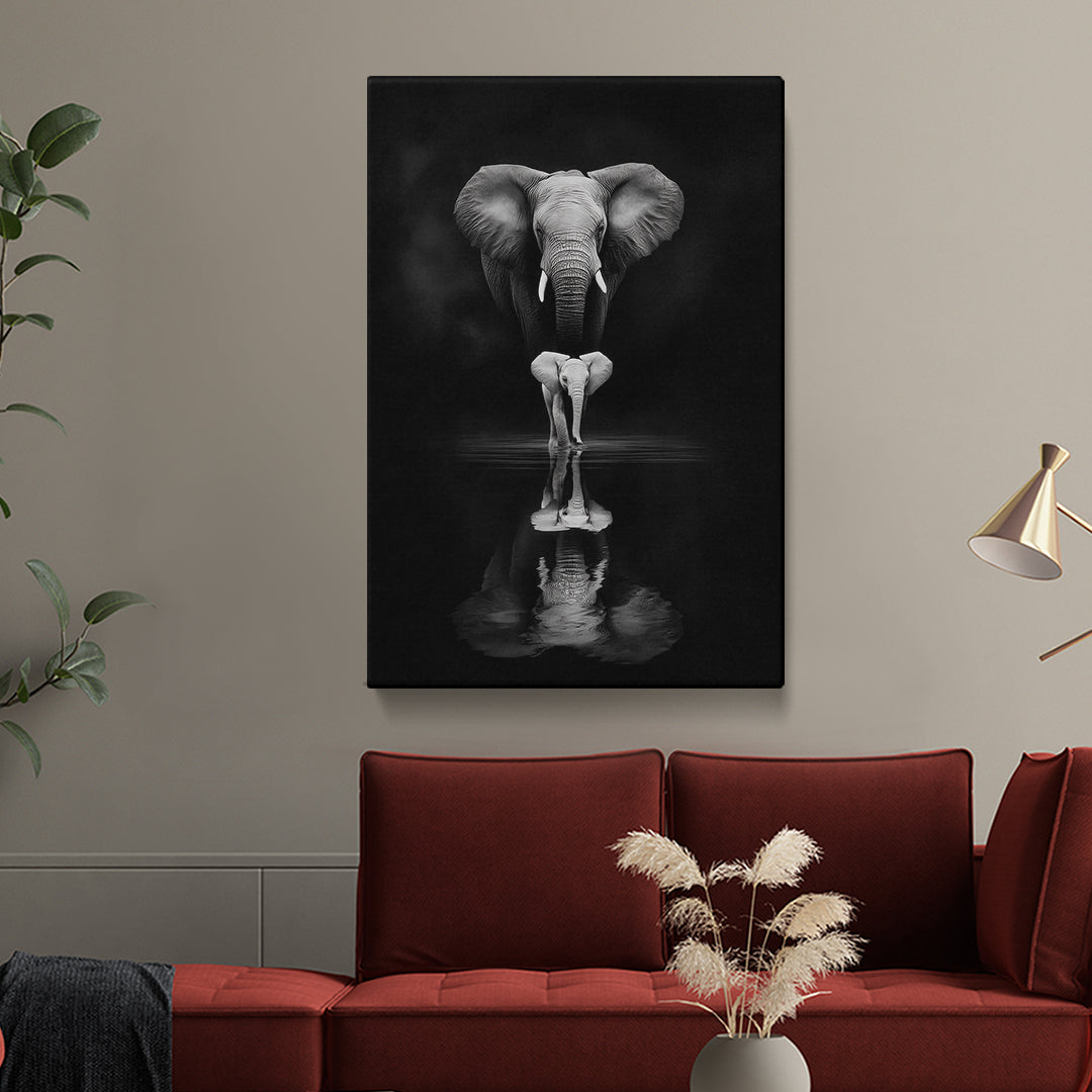 Elephant and Calf Black and White Reflection Canvas Prints Artesty