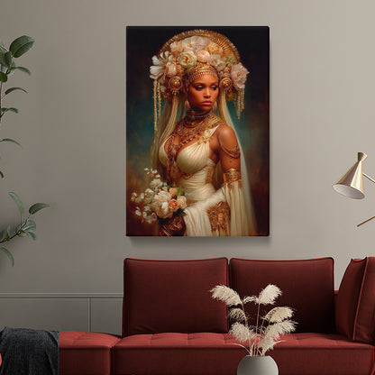 Ivory fabric and gold accents on cultural canvas print