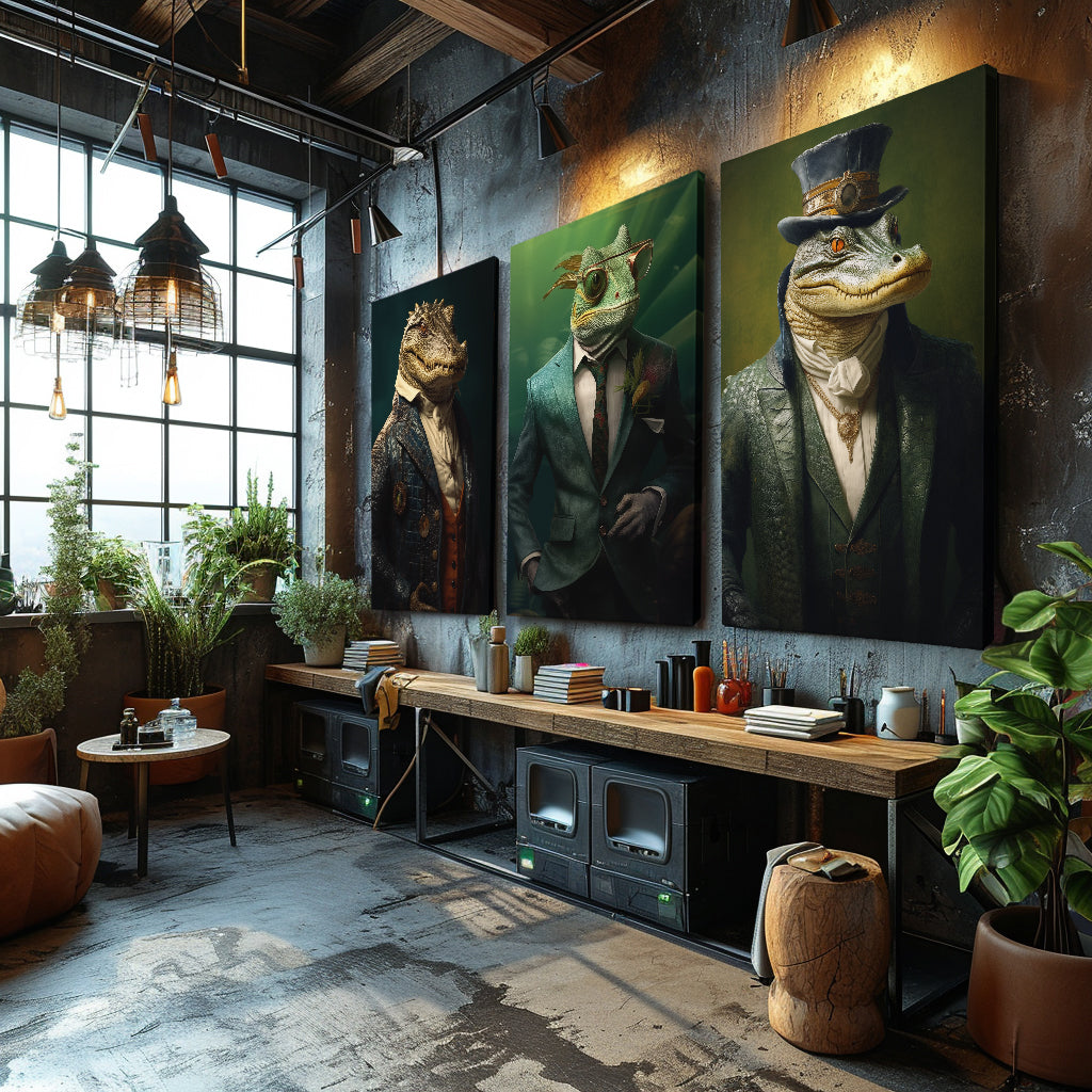 Steampunk Alligator in Green Suit Canvas Prints Artesty