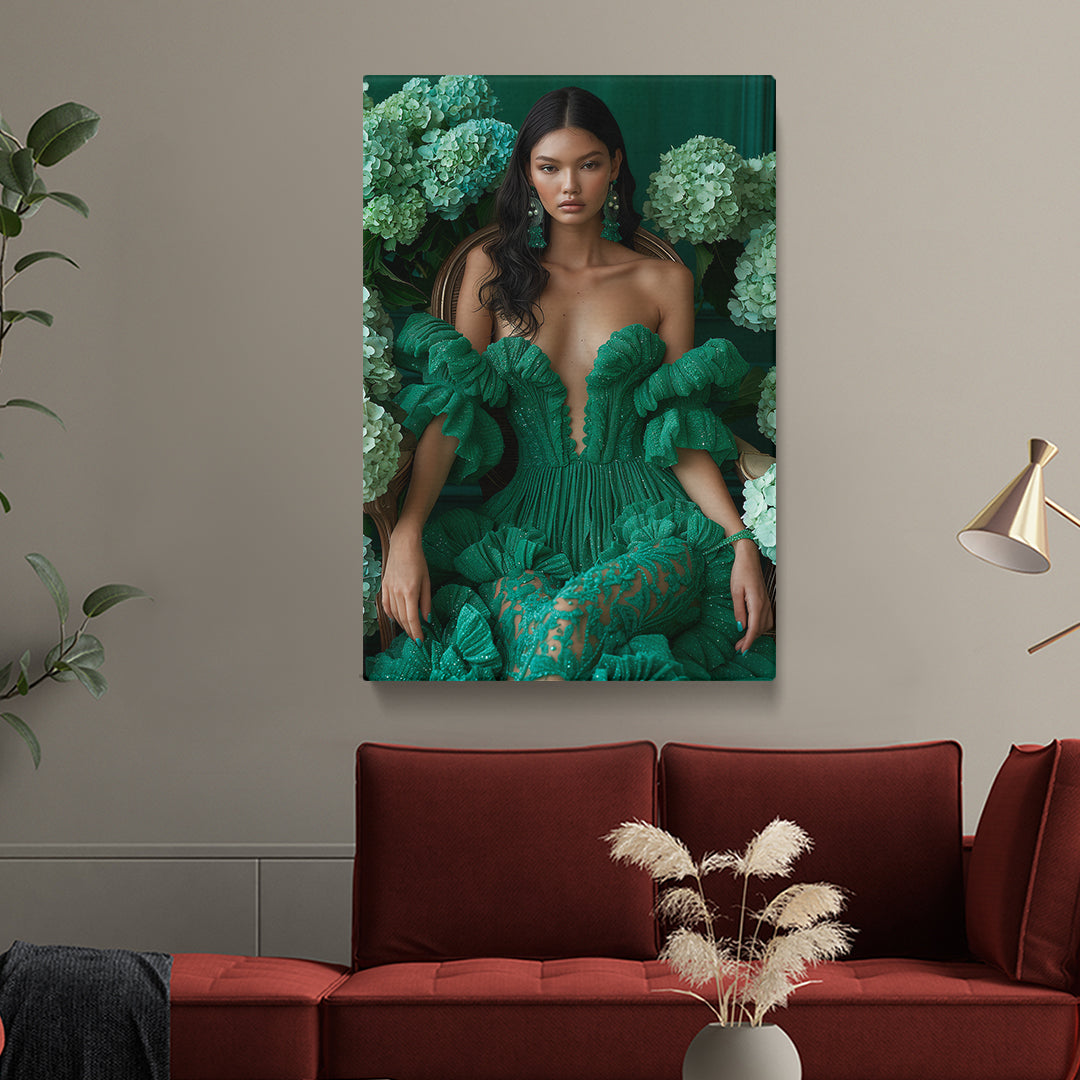 Floral Portrait Beautiful Woman in Green Dress Canvas Prints Artesty