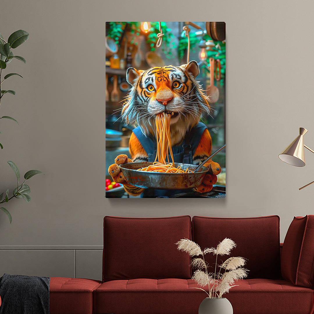 Funny Tiger Chef Eating Spaghetti Canvas Prints Artesty