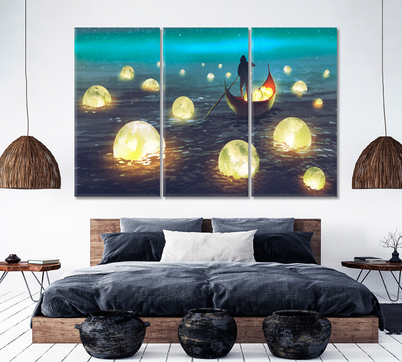 SURREAL Night Scenery Man Rowing Boat Glowing Moons Floating Sea Surreal Fantasy Large Art Print Décor Artesty 3 panels 36" x 24" 