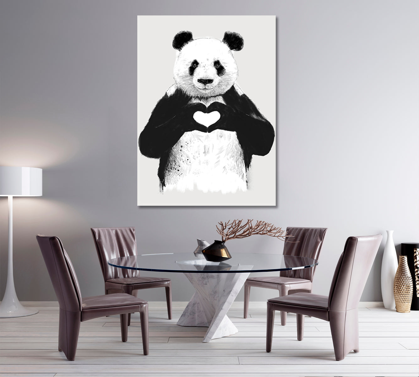 Black and White Panda With Hands Heart Office Wall Art Canvas Print Artesty   