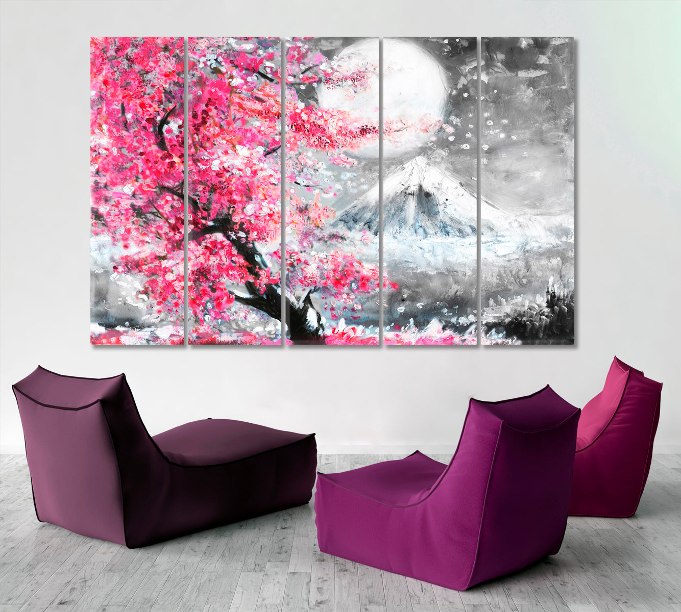 Landscape With Sakura And Mountain Asian Style Canvas Print Wall Art Artesty 5 panels 36" x 24" 