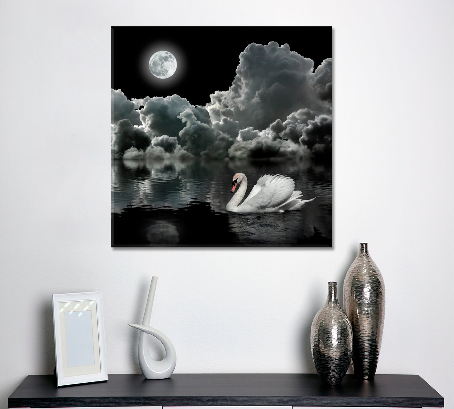 White Swan At Night Under The Moon Fine Art Artesty   