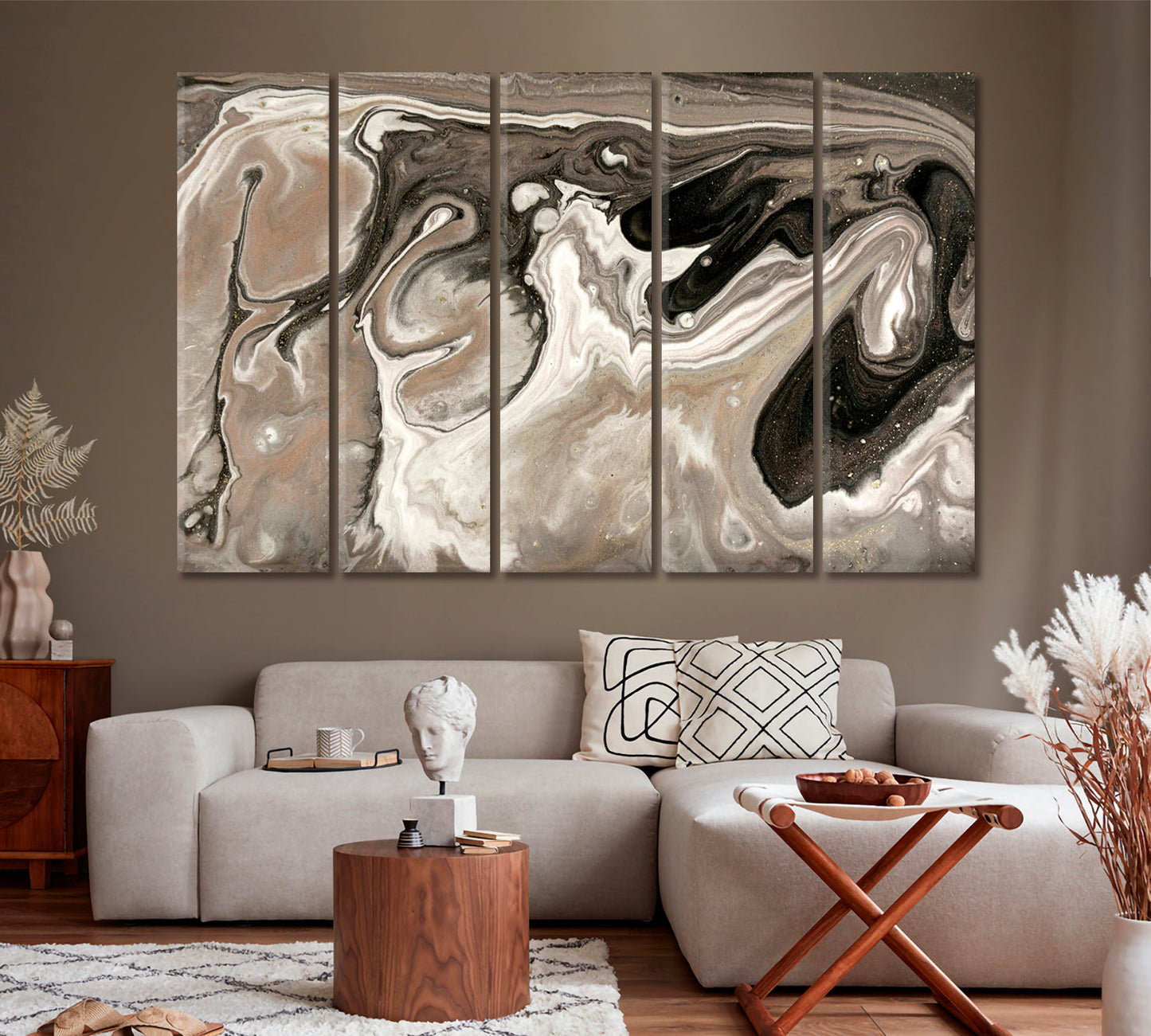 Brown Pearlescent Сream Gold Fluid Art, Oriental Marbling Canvas Print Artesty   