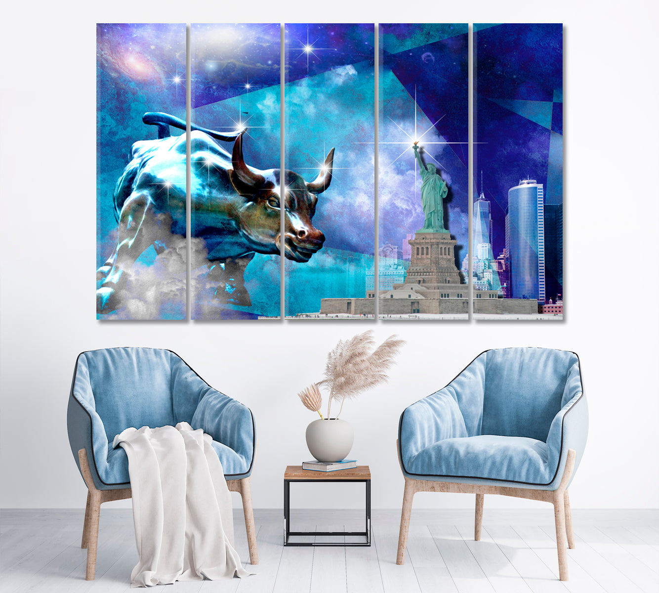 Charging Bull Sculpture and Statue of Liberty Cities Wall Art Artesty 5 panels 36" x 24" 