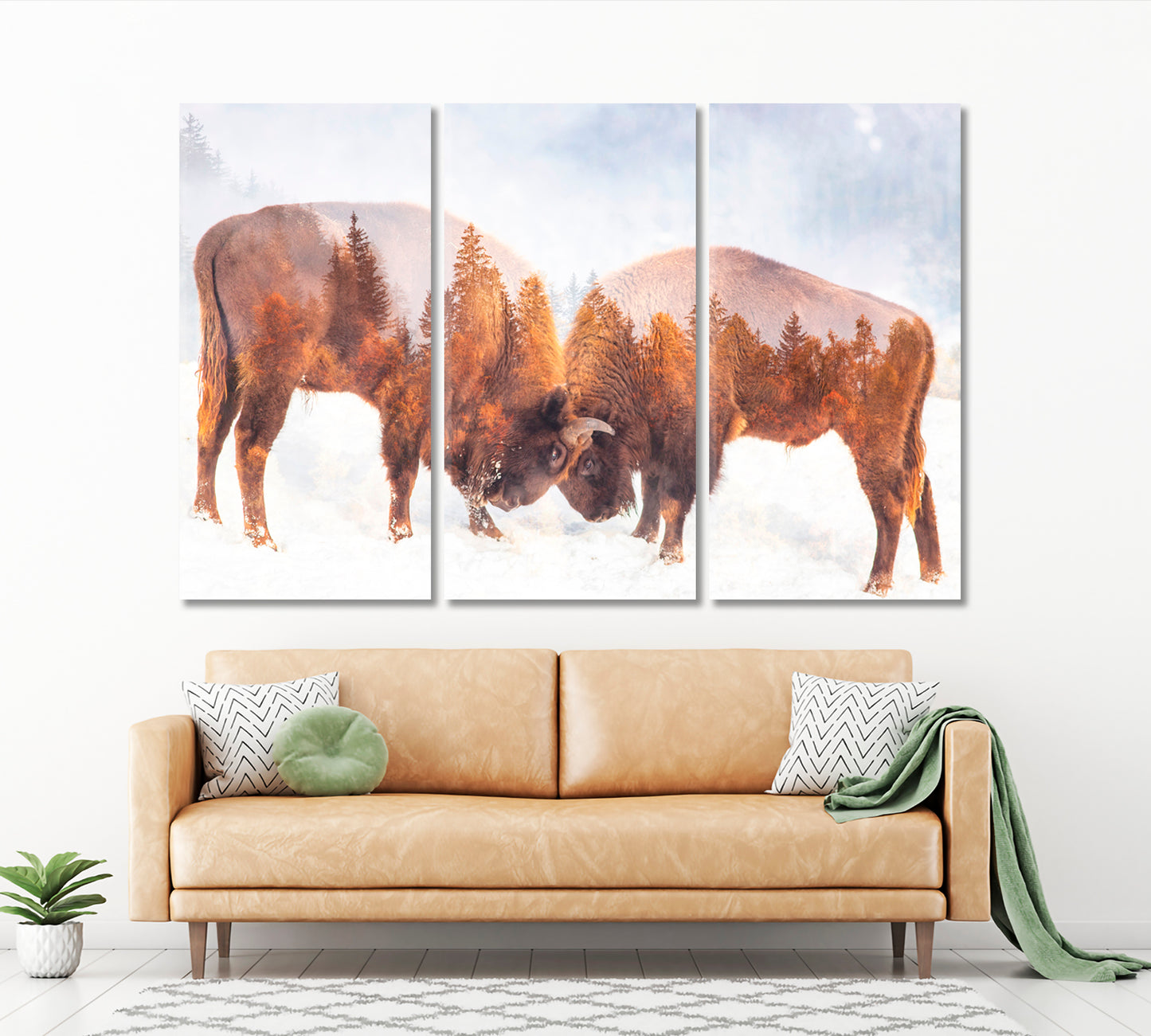 Double Exposure Two Wild Bison Fighting And Pine Trees Wild Life Framed Art Artesty   