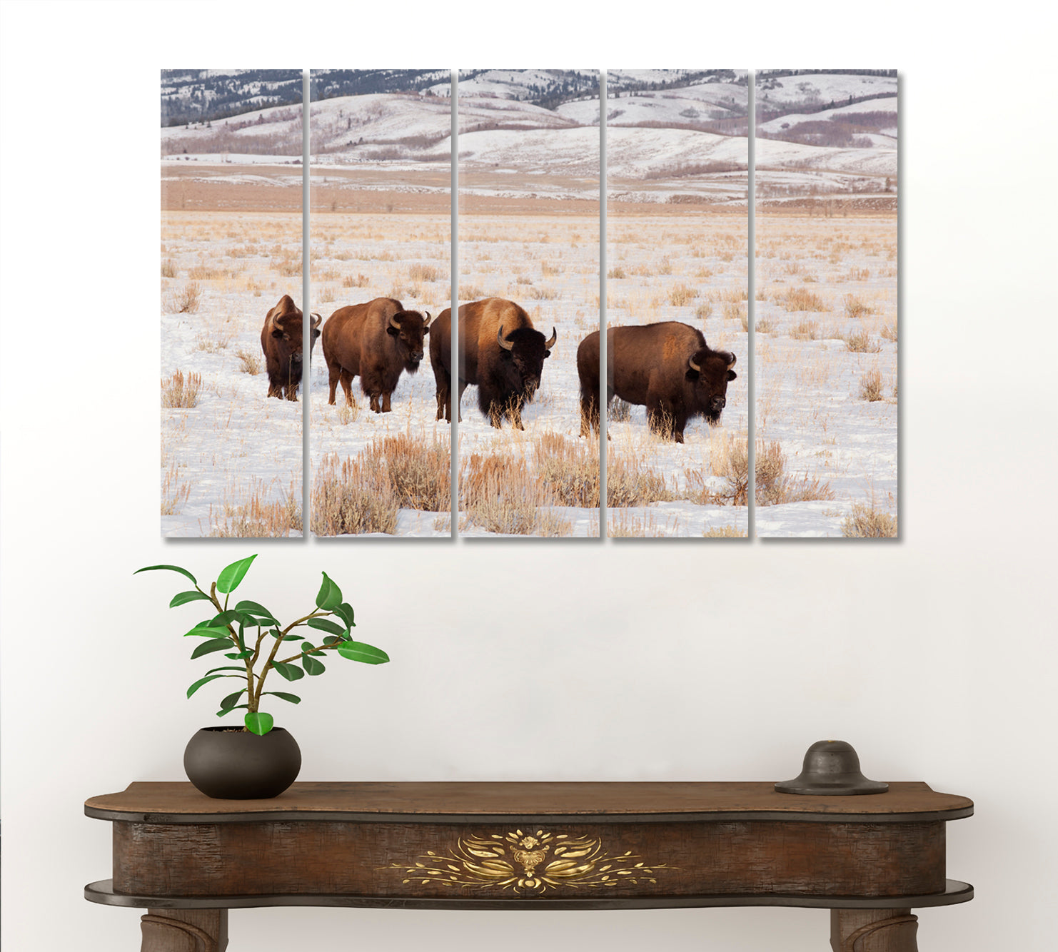 Field With Four American Bison Animals Canvas Print Artesty 5 panels 36" x 24" 