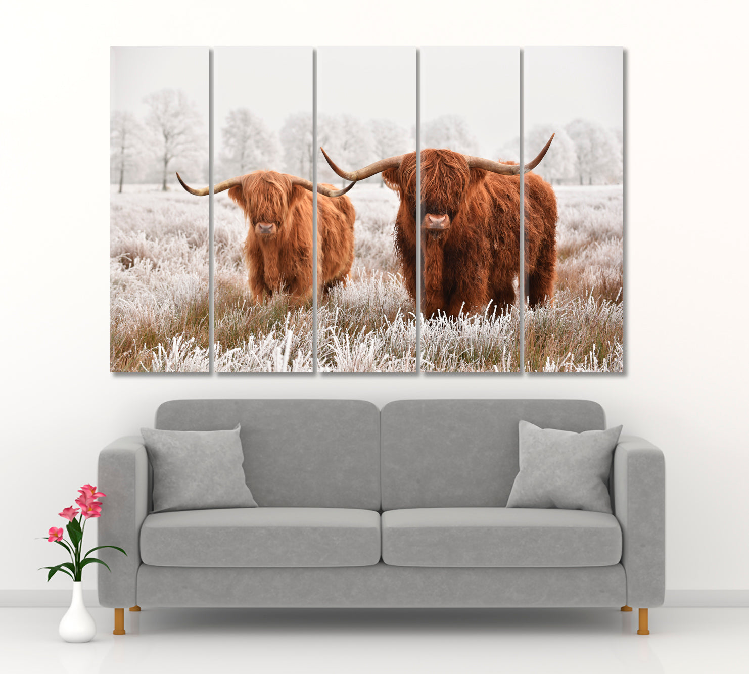 Hairy Scottish Highland Cow Winter Landscape Animals Canvas Print Artesty 5 panels 36" x 24" 