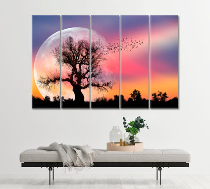 Lone Tree Full Moon Fantasy Landscape Scenery Landscape Fine Art Print Artesty 5 panels 36" x 24" 