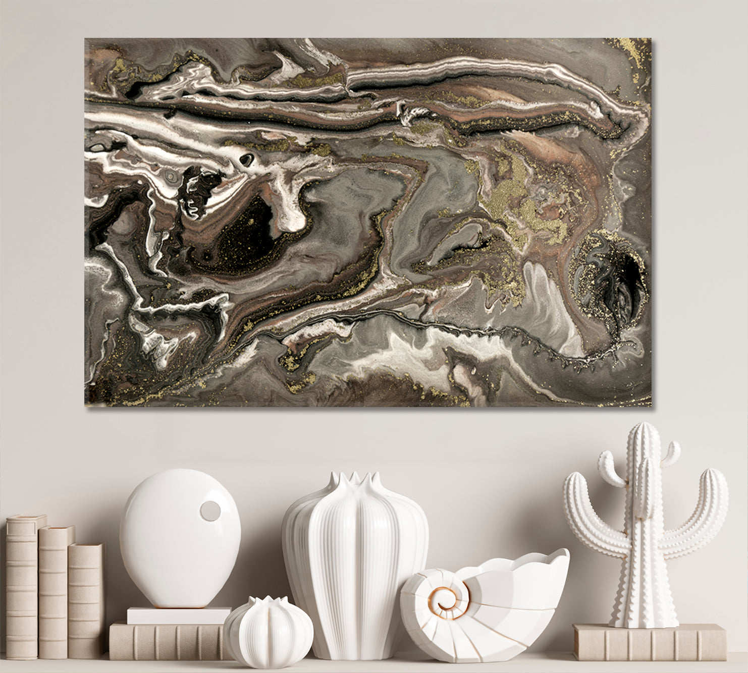 MOTHER OF PEARL Brown Pearlescent Colors Gold Powder Flecks Fluid Art, Oriental Marbling Canvas Print Artesty   