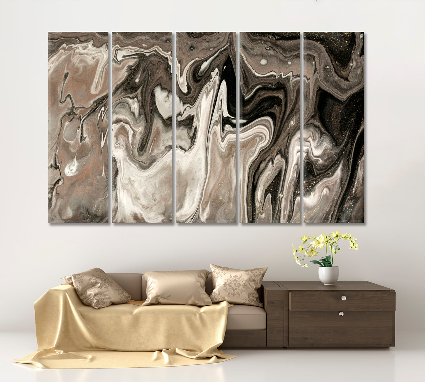 POURING CHOCOLATE Brown Beige Creamy Fluid Art, Oriental Marbling Canvas Print Artesty   