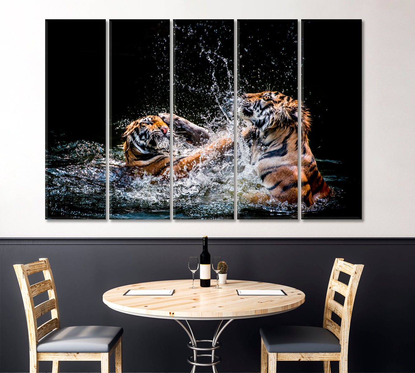 WILD CAT Two Tigers Fighting In Water Animals Canvas Print Artesty 5 panels 36" x 24" 