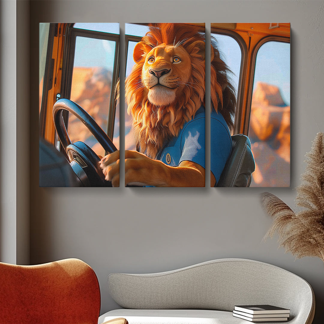 Lion School Bus Driver Animals Canvas Print Artesty