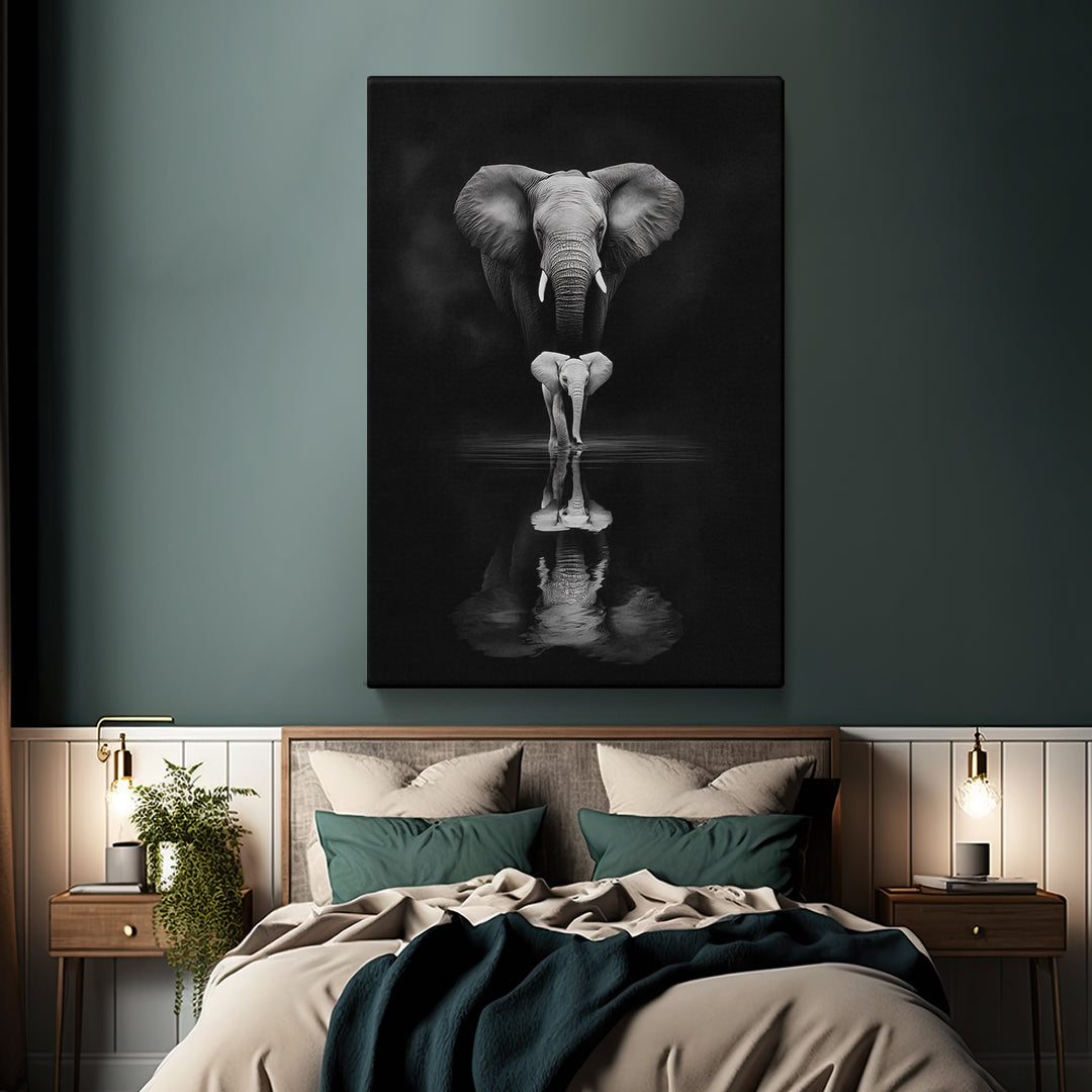 Elephant and Calf Black and White Reflection Canvas Prints Artesty