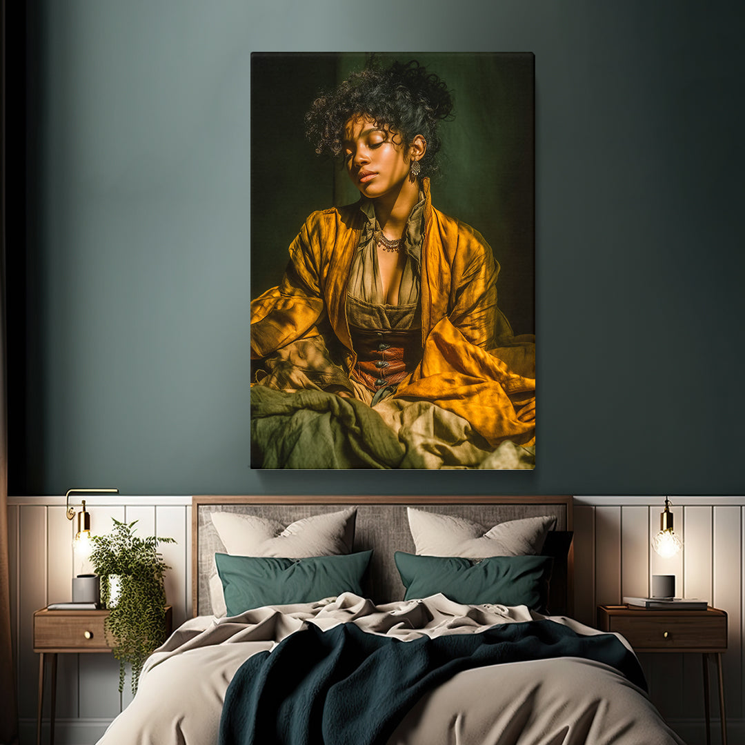 Dramatic Afro Woman in Rustic Dress Print