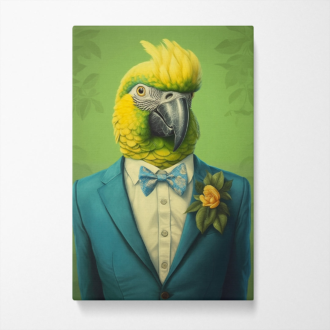 Parrot in Teal Suit and Bow Tie Canvas Prints Artesty