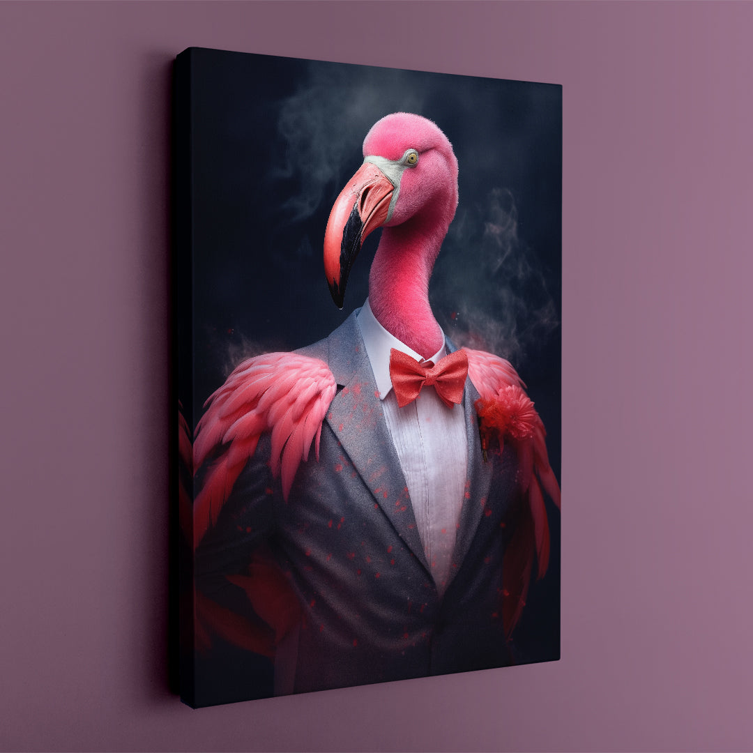 Elegant Flamingo in Gray Suit Canvas Prints Artesty