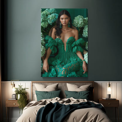 Floral Portrait Beautiful Woman in Green Dress Canvas Prints Artesty