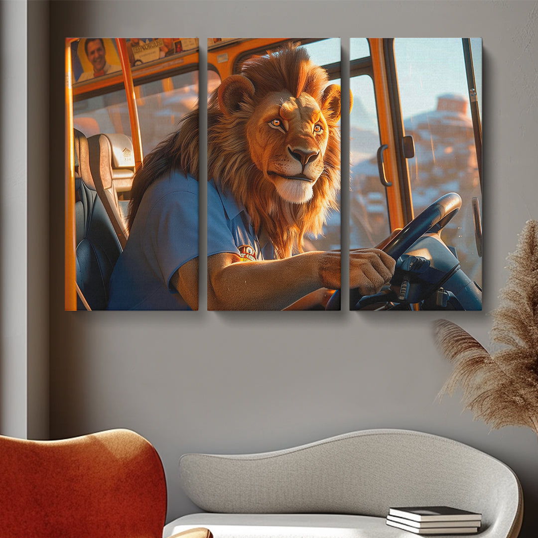 Lion Bus Driver Animals Canvas Print Artesty 3 panels 36" x 24"