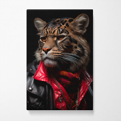 Leopard in Red Scarf and Leather Jacket Canvas Prints Artesty