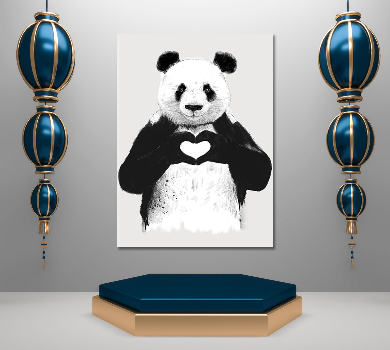 Black and White Panda With Hands Heart Office Wall Art Canvas Print Artesty   