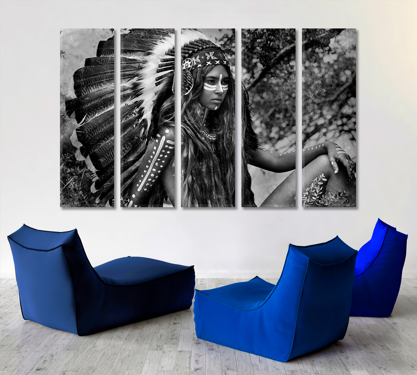 CHIEFTAIN Attractive Indian Woman Black And White Portrait Photo Art Artesty 5 panels 36" x 24" 