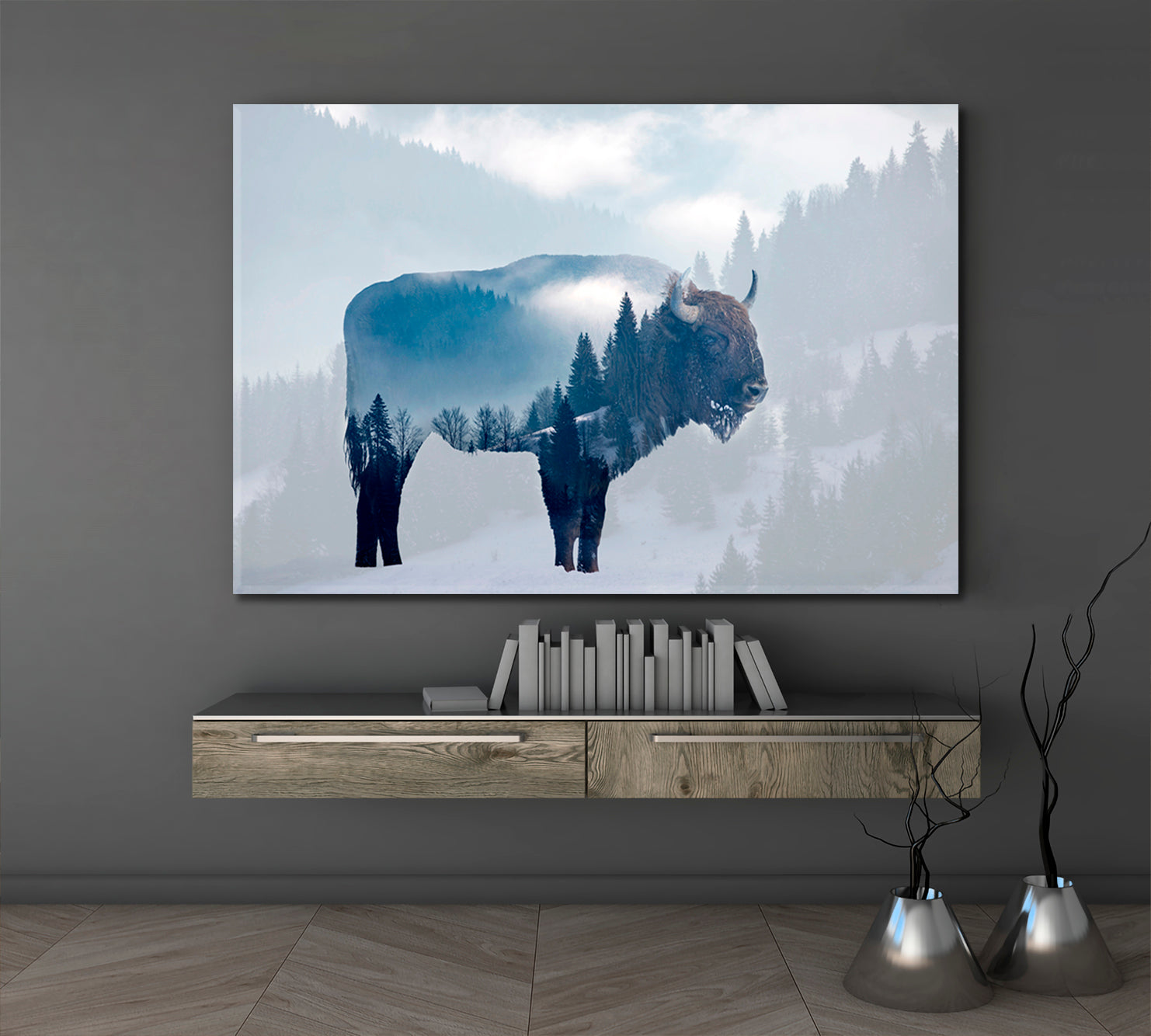 DOUBLE EXPOSURE Wild Bison Buffalo Foggy Pine Forest Wild Life Framed Art Artesty   