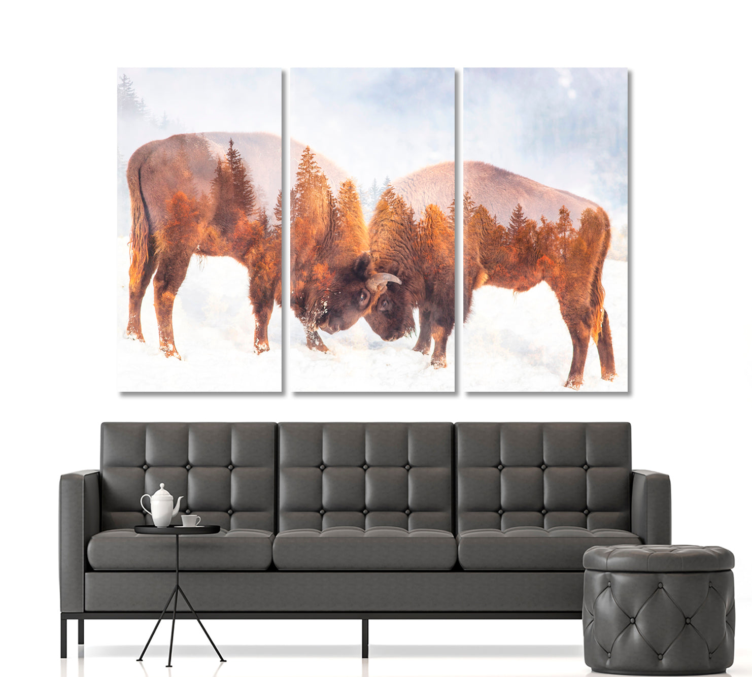 Double Exposure Two Wild Bison Fighting And Pine Trees Wild Life Framed Art Artesty 3 panels 36" x 24" 