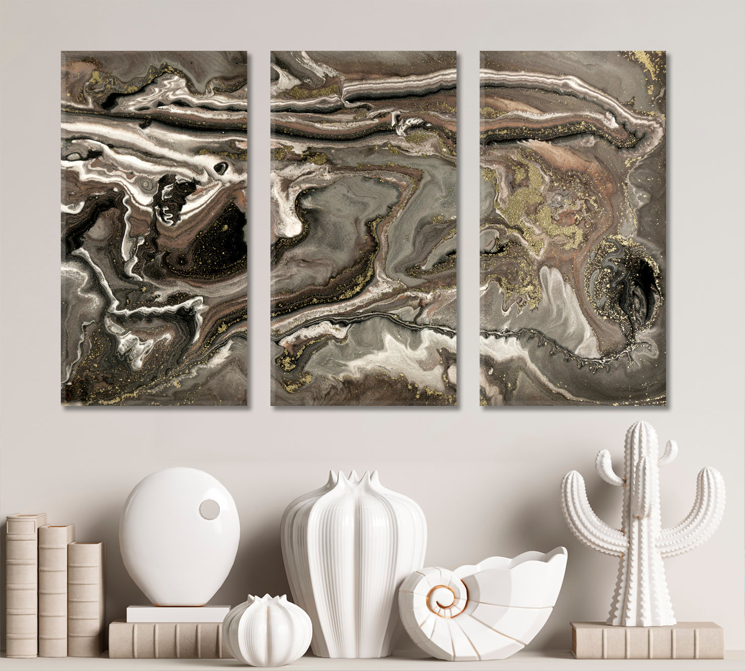 MOTHER OF PEARL Brown Pearlescent Colors Gold Powder Flecks Fluid Art, Oriental Marbling Canvas Print Artesty 3 panels 36" x 24" 