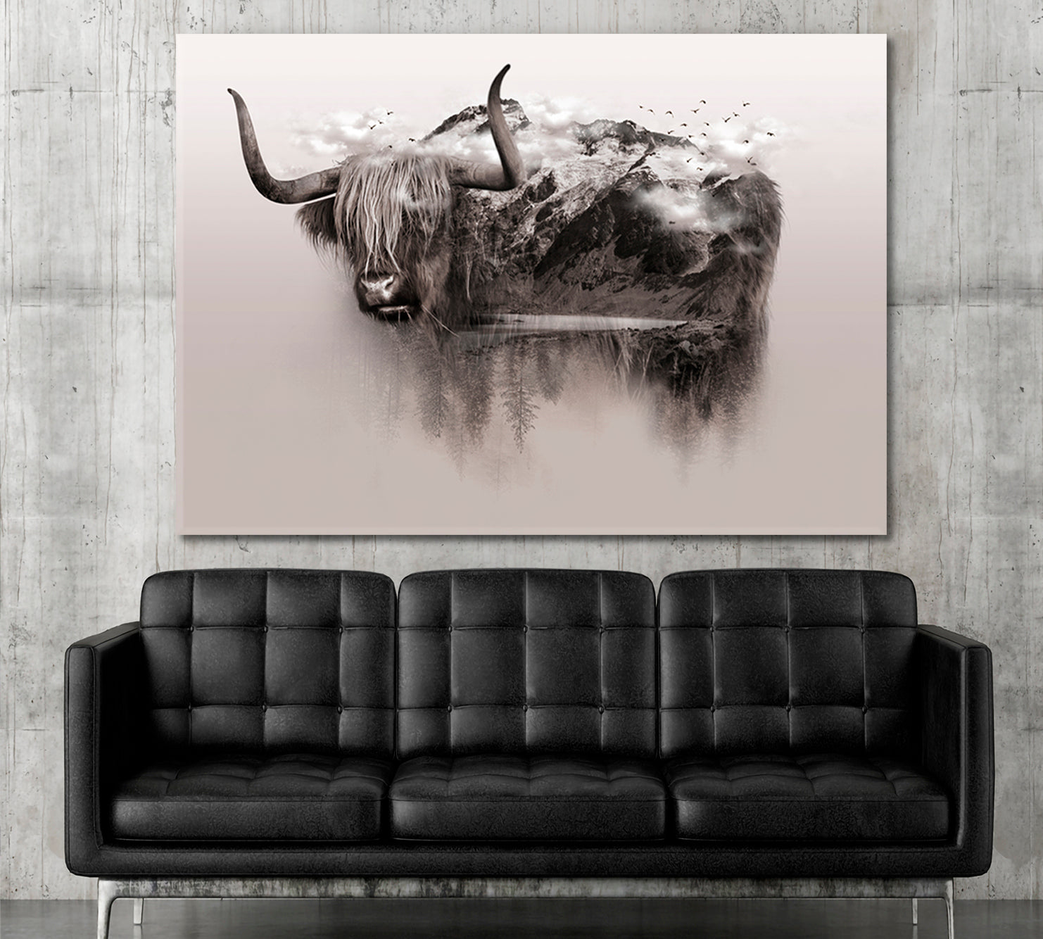 Bull Yak Wildlife Art Double Exposure Trees Mountain Surrounded By Fog Wild Life Framed Art Artesty   