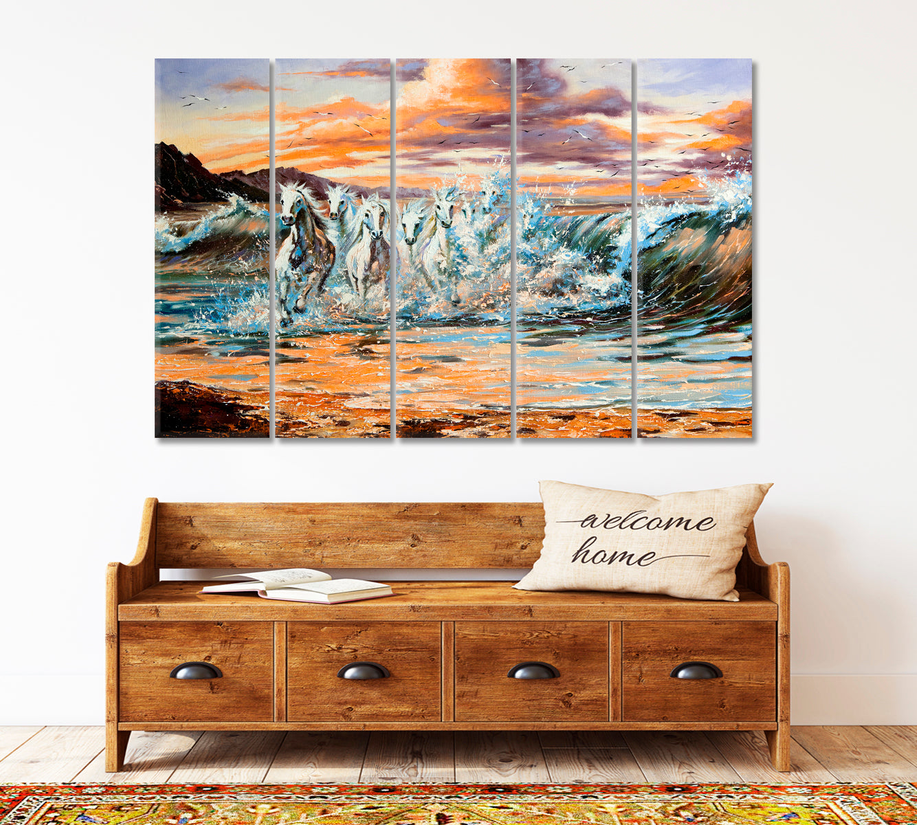 The Horses Running From Waves Animals Canvas Print Artesty 5 panels 36" x 24" 