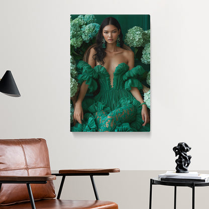 Floral Portrait Beautiful Woman in Green Dress Canvas Prints Artesty