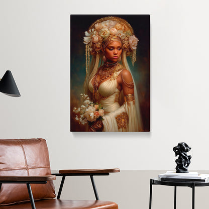 Regal portrait of African woman holding bouquet