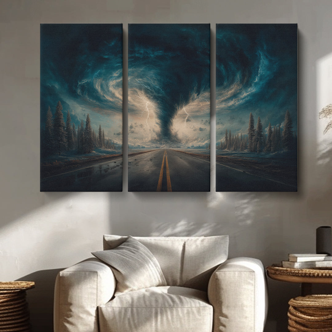 Stormy Road and Tornado with Lightning Animals Canvas Print Artesty 3 panels 36" x 24"