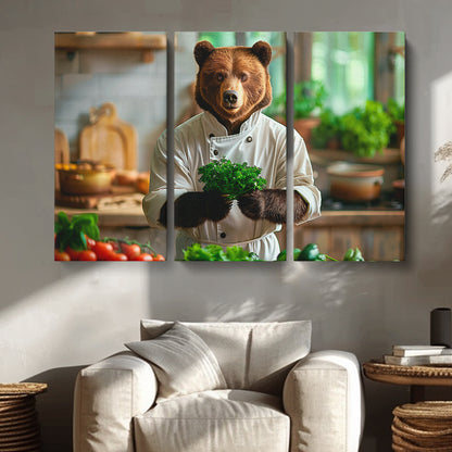 Chef Bear in Rustic Kitchen Animals Canvas Print Artesty 3 panels 36" x 24"