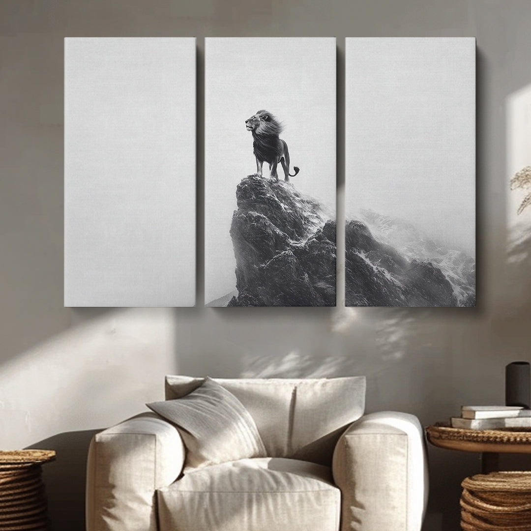 Black and White Lion on Cliff Animals Canvas Print Artesty