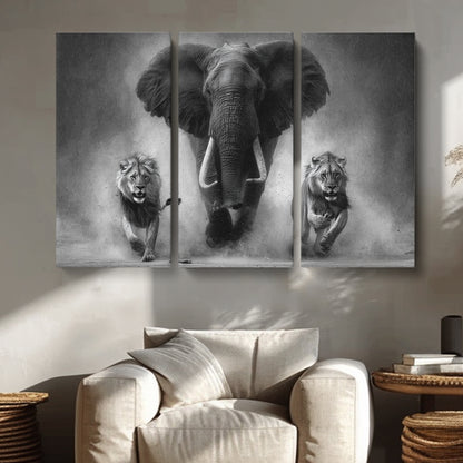 Black and White Elephant and Lions Animals Canvas Print Artesty