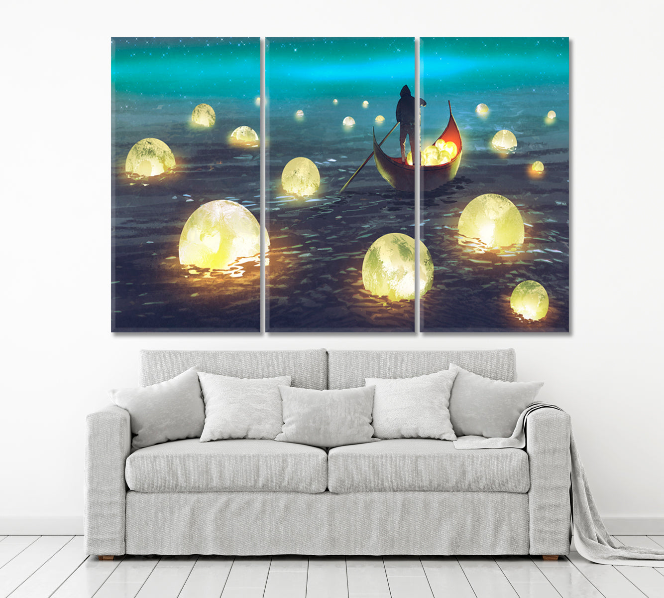 SURREAL Night Scenery Man Rowing Boat Glowing Moons Floating Sea Surreal Fantasy Large Art Print Décor Artesty   