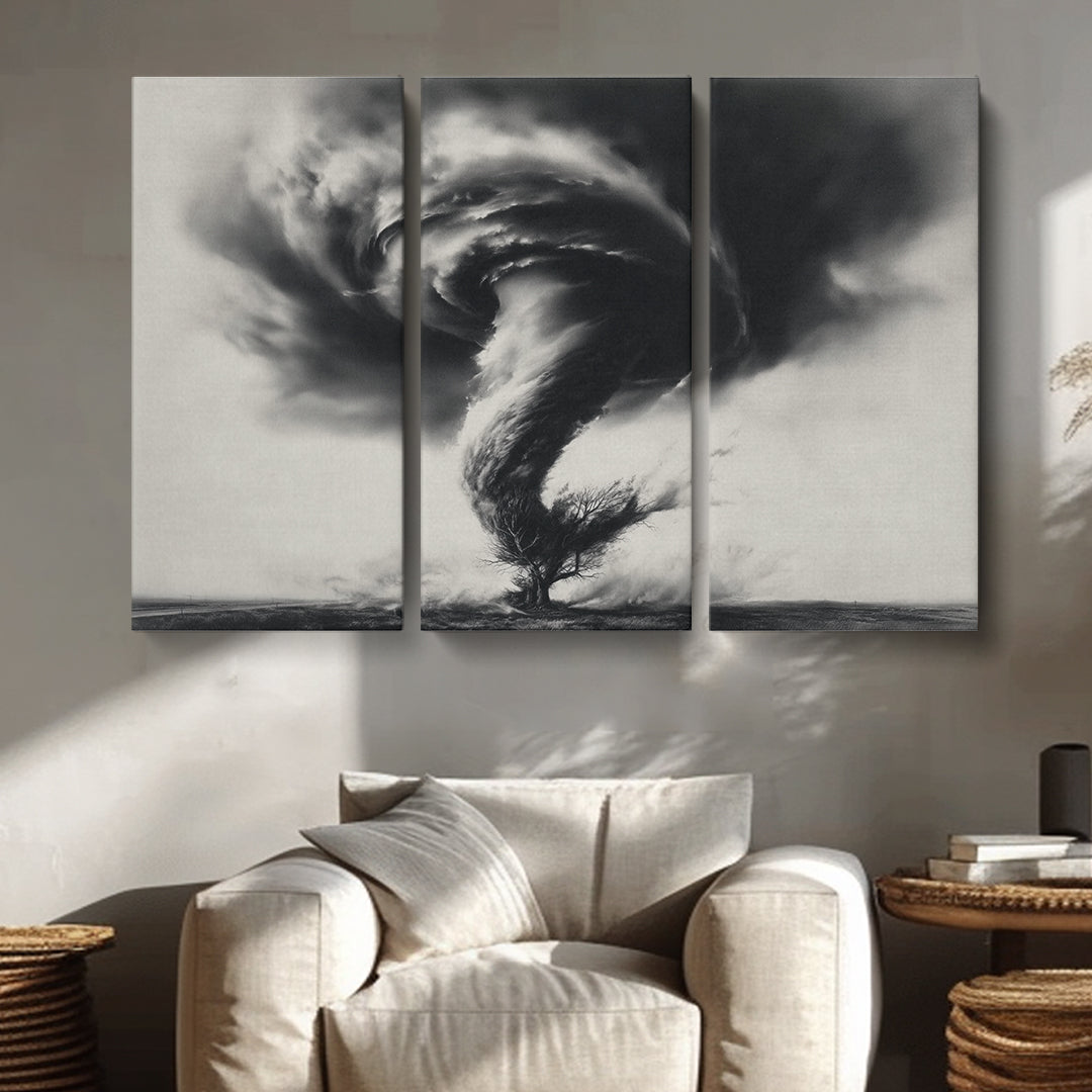 Black and White Tornado with Tree Animals Canvas Print Artesty 3 panels 36" x 24"