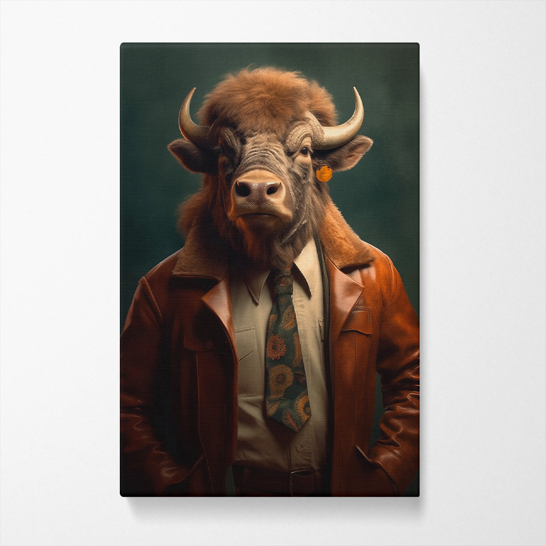 Cool Bull in Brown Leather Jacket Canvas Prints Artesty