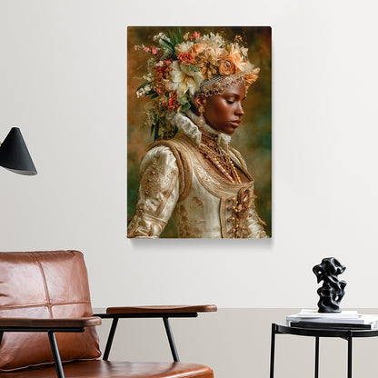 African woman in historical dress and jewelry