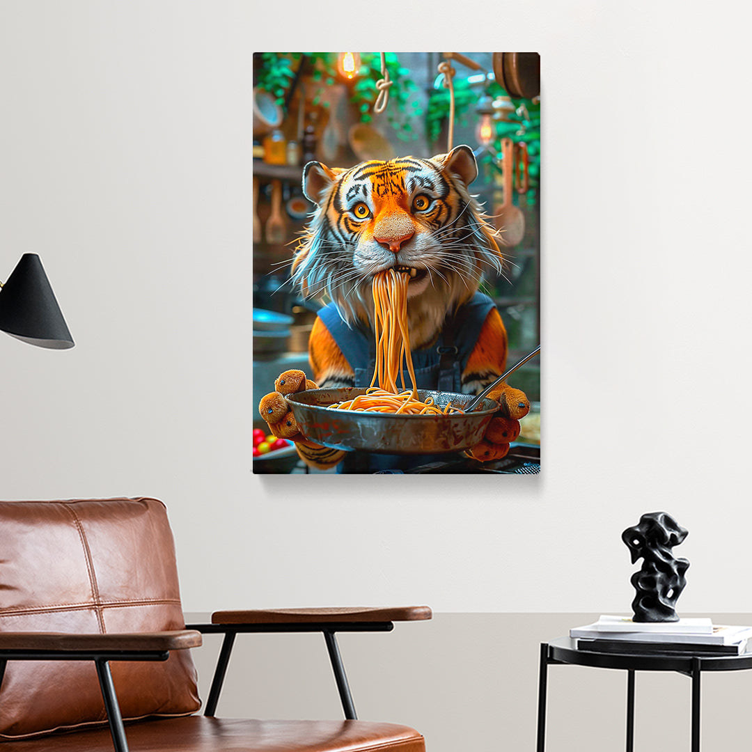 Funny Tiger Chef Eating Spaghetti Canvas Prints Artesty